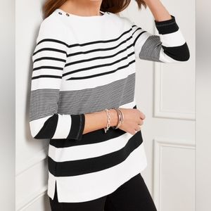 Talbots Black and White Top with Silver Button Women's Size Medium Petite
